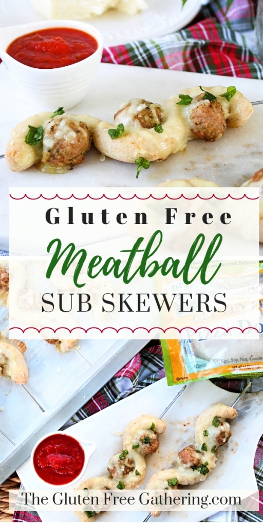 Gluten Free Meatball Sub Skewers - The Gluten Free Gathering: Love a good meatball parmesan sandwich? Well, this bite-sized twist on the classic is sure to please. Gluten free pizza dough is twisted with homemade gluten free meatballs. Top with mozzarella and a side of sauce for dunking, and you’ve got one amazing appetizer for the big game. #glutenfree #glutenfreeappetizer #meatballs #glutenfreemeatballs #glutenfreegameday #gameday #skewer #funfood 
