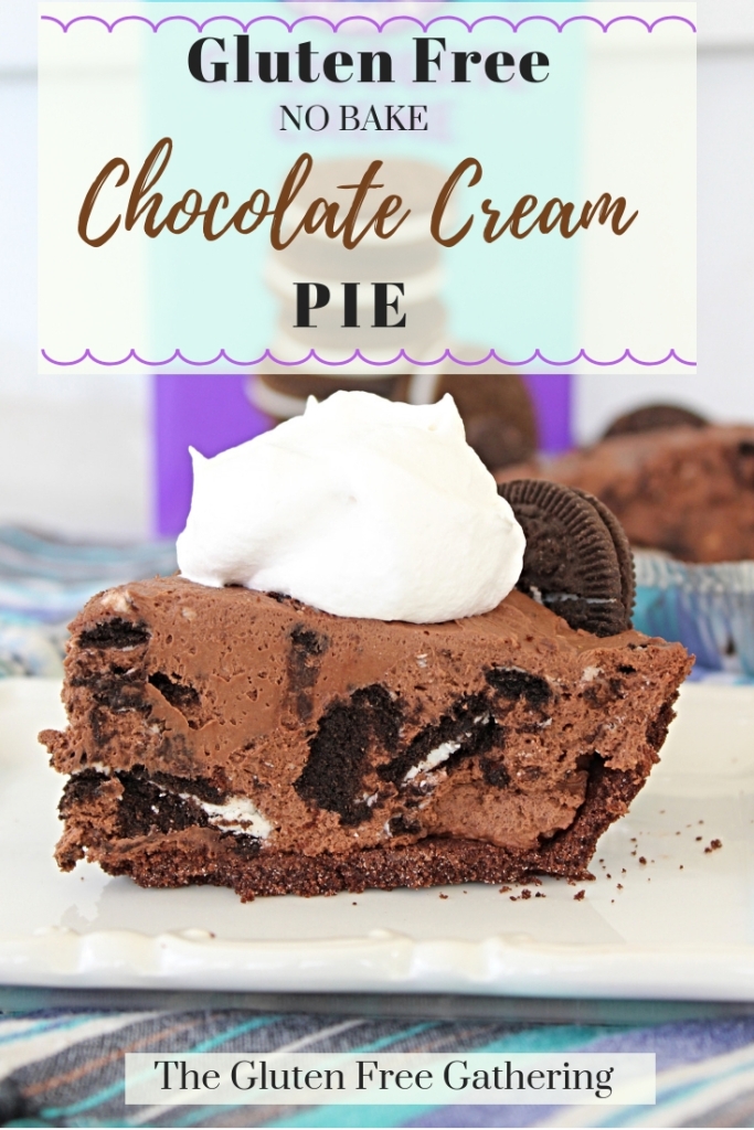No Bake Chocolate Cream Pie {Gluten Free} - The Gluten Free Gathering - Delicious, easy, and simple to make. This is a must have recipe for those times when dessert needs to be easy. #glutenfree #glutenfreedessert #glutenfreepie #chocolatecreampie #cookiesandceam